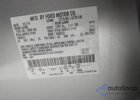 2014 Ford Explorer Xlt из США, поврежденный, VIN 1FM5K8D8XEGC54324